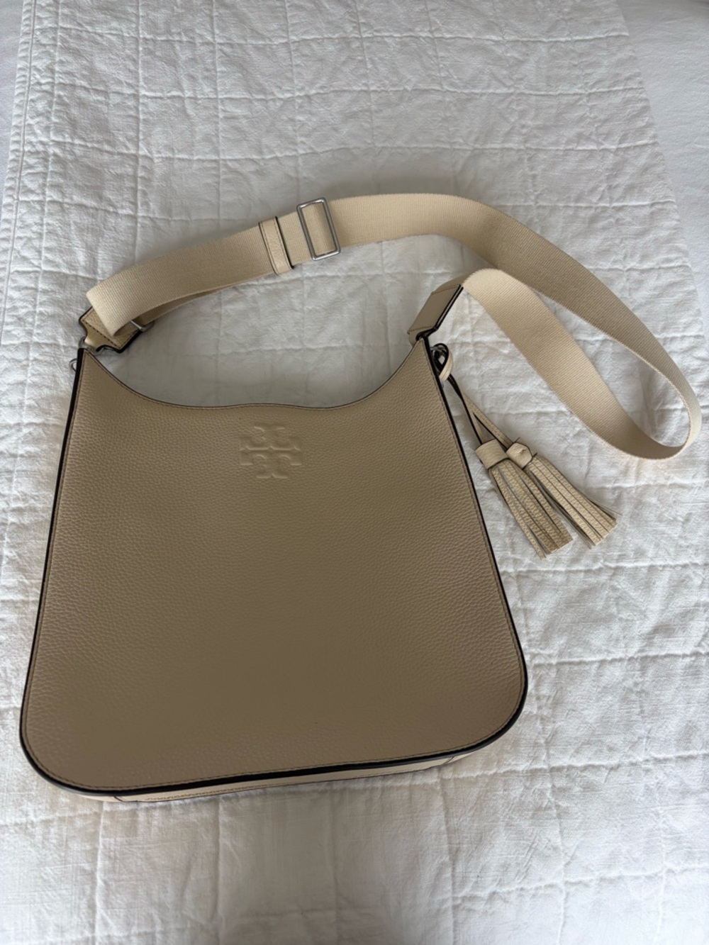 Cream Pebble-Grain Shoulder Bag with Tassel Accent